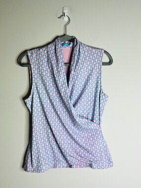 J. McLaughlin Pink Wrap Style Tank Top Catalina Cloth Lattice Print Preppy Sz L